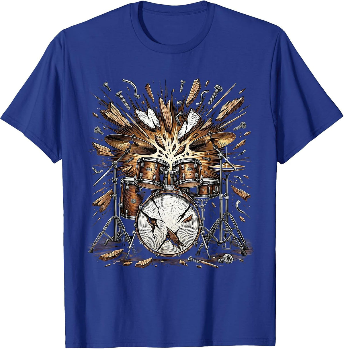 Men's Exploding Drum Kit Shattering Percussion Art T-Shirt - Royal Blue