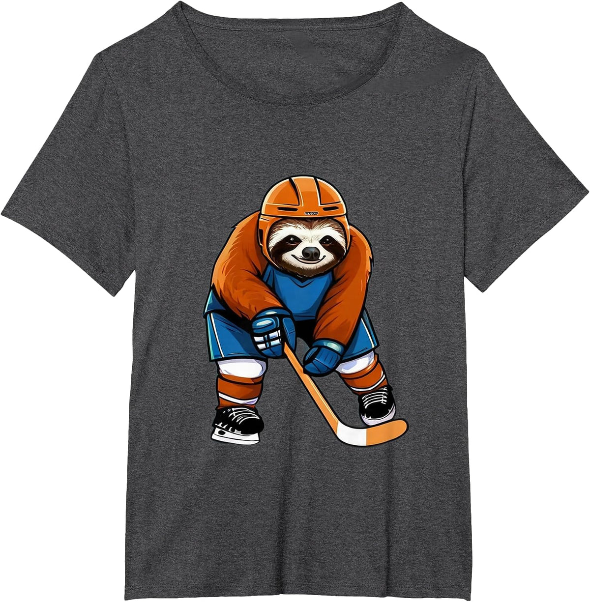 Sloth Playing Hockey Funny Sloth Hockey Player with Stick T-Shirt - Dark Heather Grey