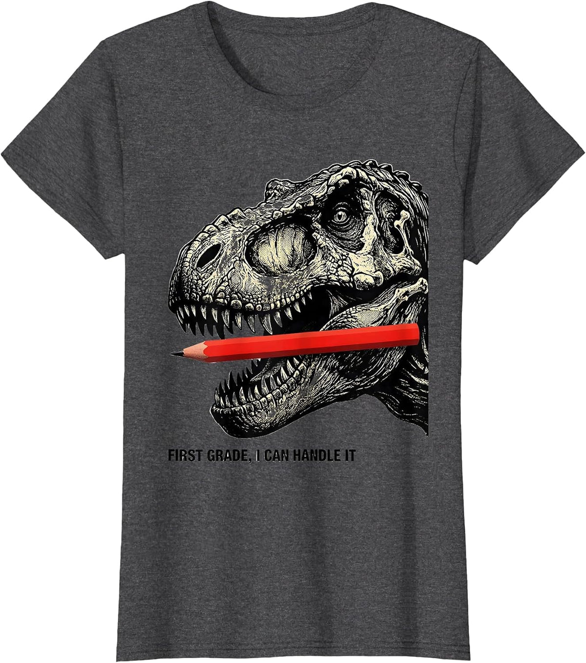 Women's First Grade I Can Handle It Playful Dinosaur Boy Back T-Shirt - Dark Heather Grey