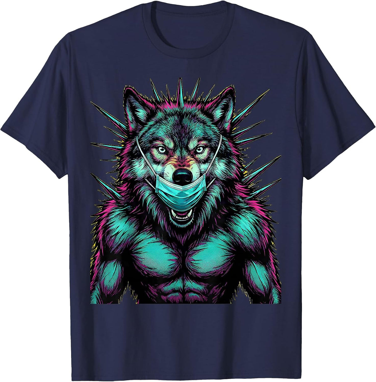 Men's Wolf Nurse Howling in Surgical Scrub Mask T-Shirt - Navy Blue