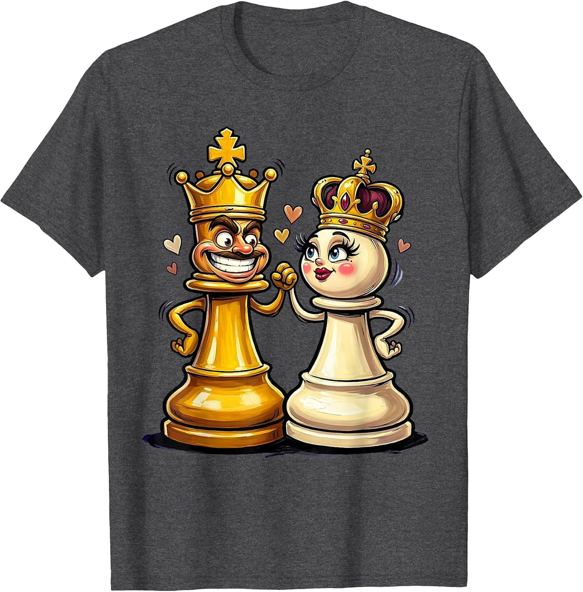 King and Queen Chess Piece Couples Design T-Shirt - Dark Heather Grey