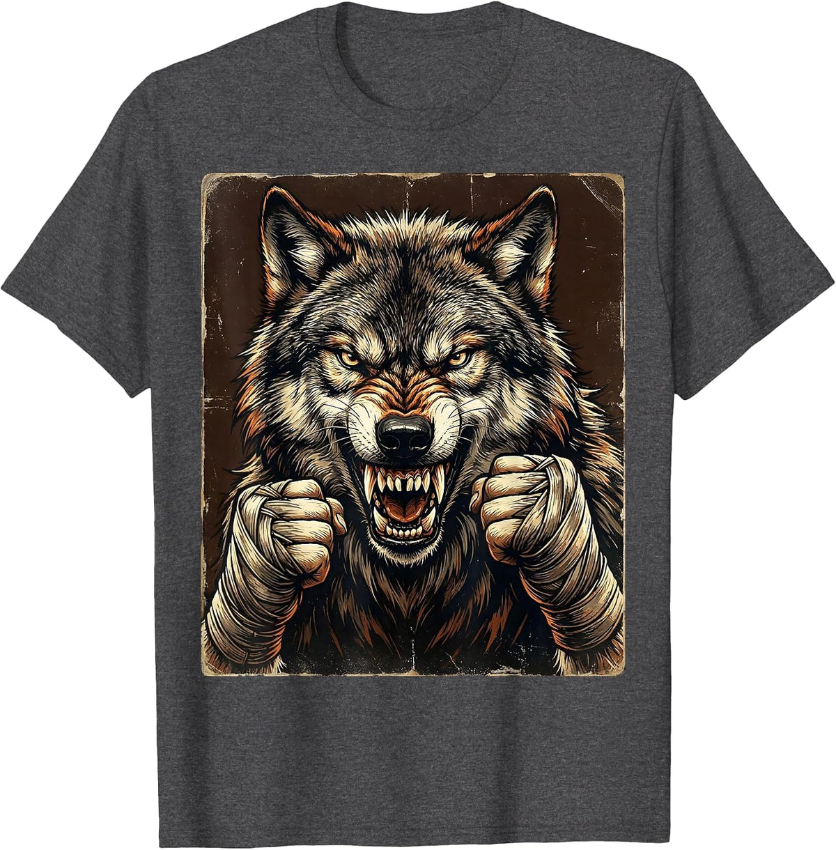 Wolf Boxer Snarl Fighter Wraps Boxing Design T-Shirt - Dark Heather Grey