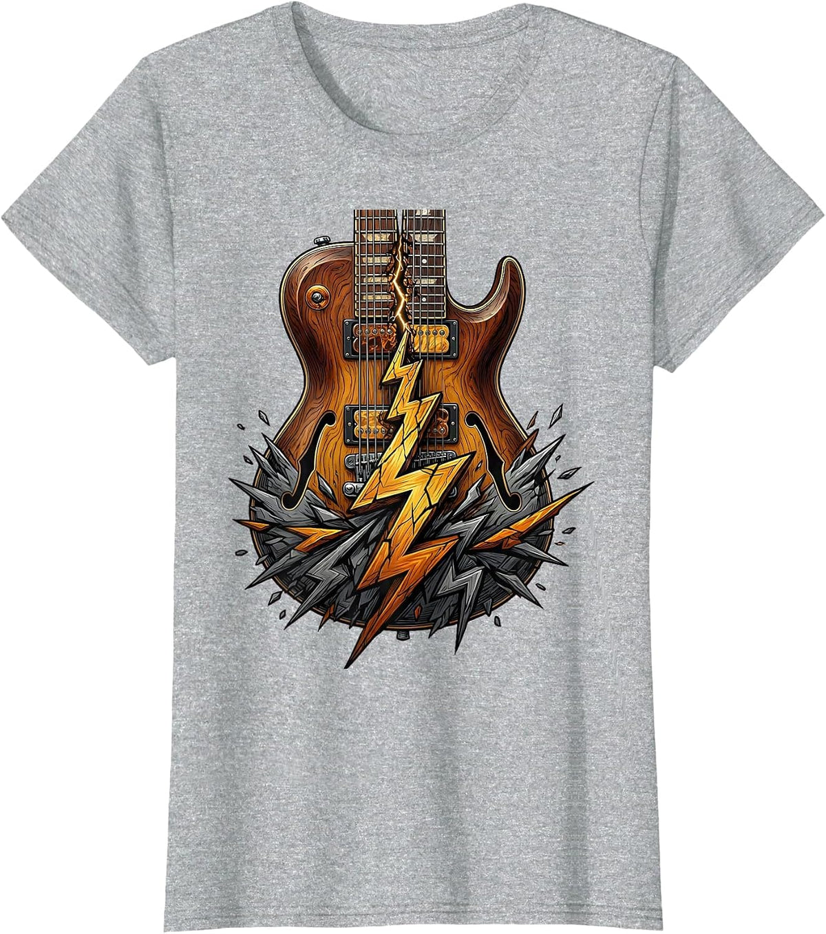 Double-Neck Guitar Lightning Bolt Rock Graphic T-Shirt - Heather Grey