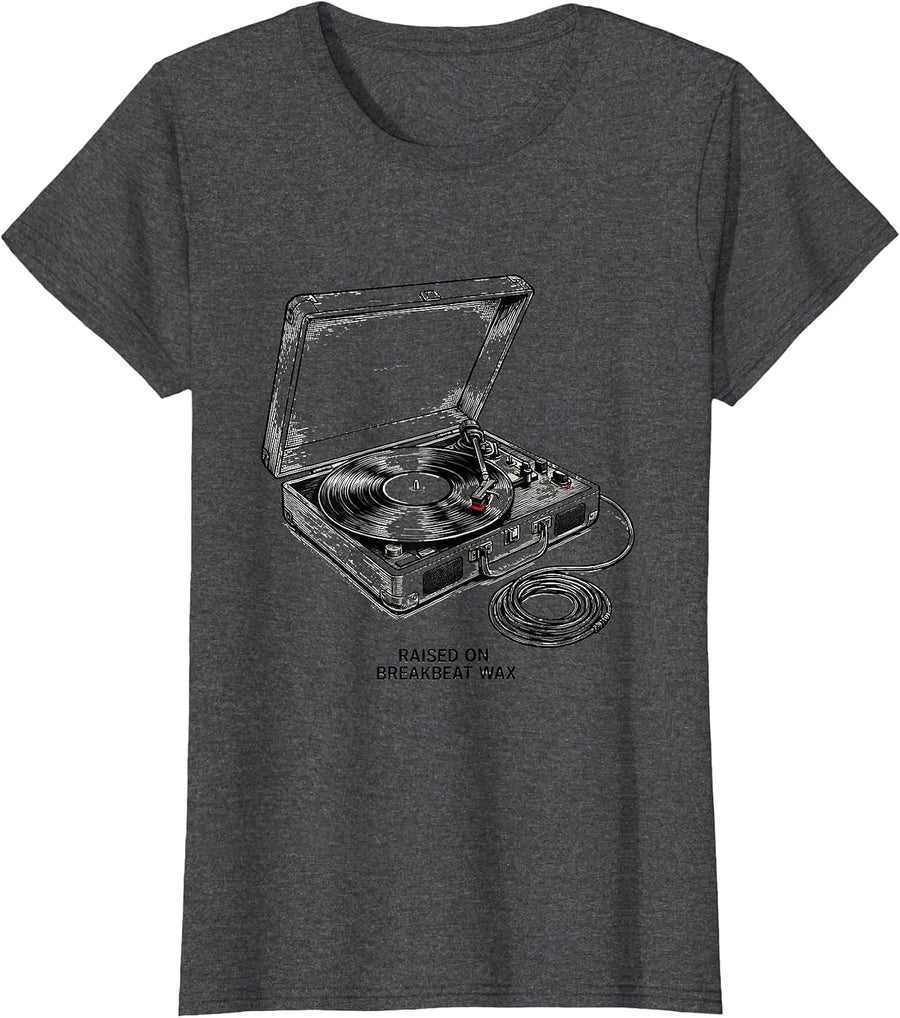 Women's Raised On Breakbeat Wax Vintage 90s Hip-Hop Rap Lyric T-Shirt - Dark Heather Grey