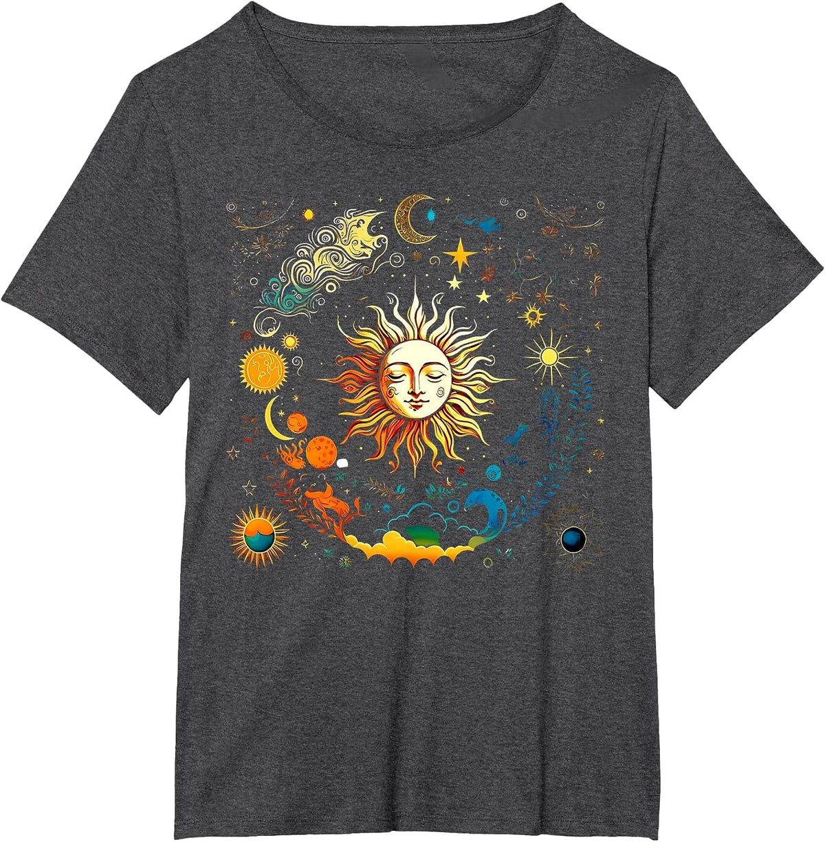 Celestial Sun & Elements Stars Boho Luna Solar Astronomy T-Shirt - Dark Heather Grey