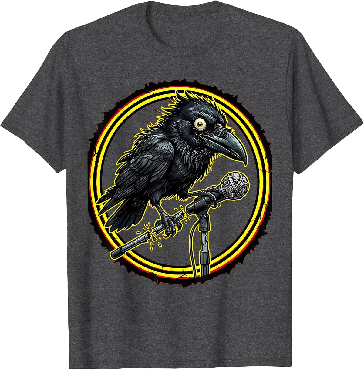 Crow on Broken Mic Stand Punk Rock Graphic T-Shirt - Dark Heather Grey