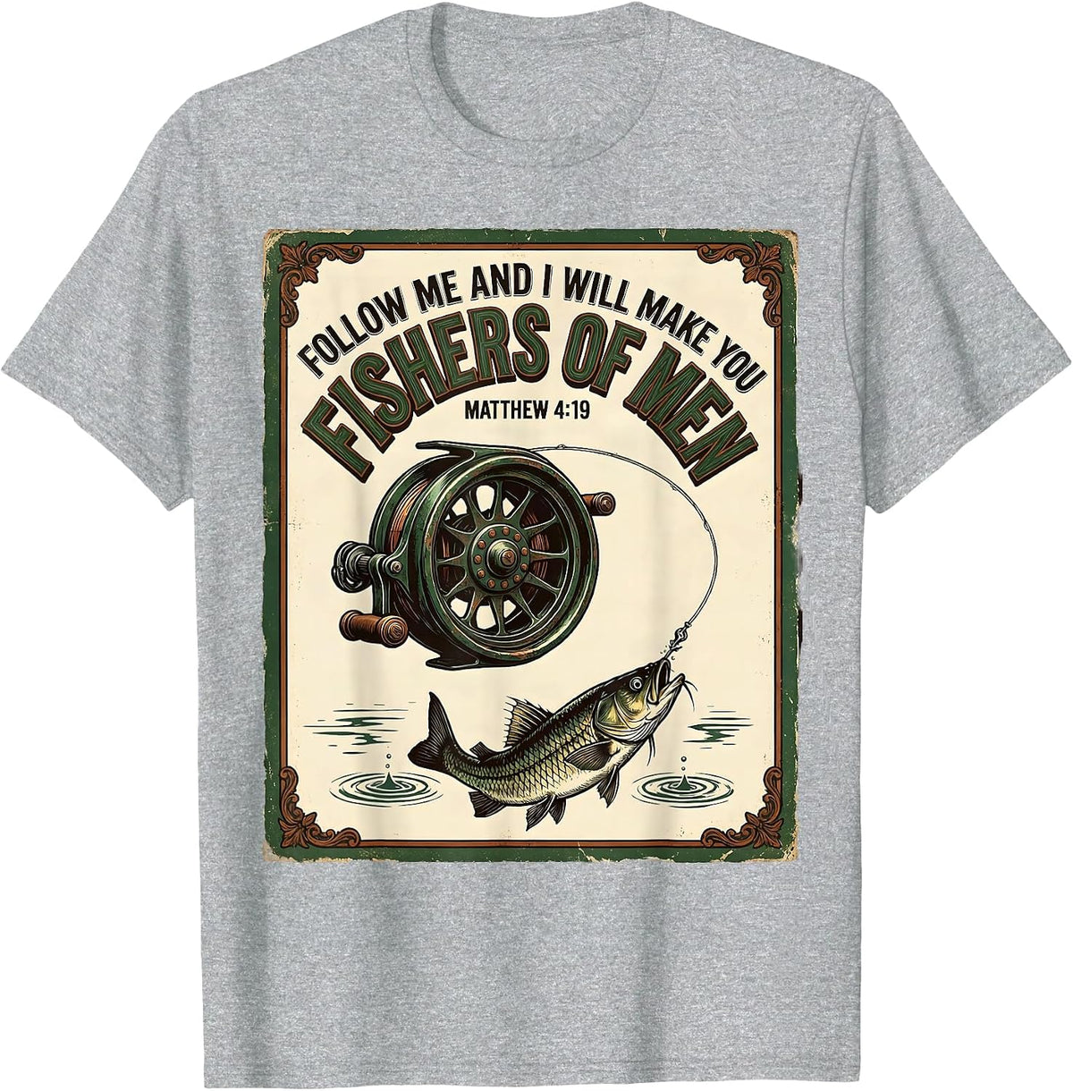 Men's Fishers Of Men Matthew 4:19 Vintage Christian Fishing T-Shirt - Heather Grey