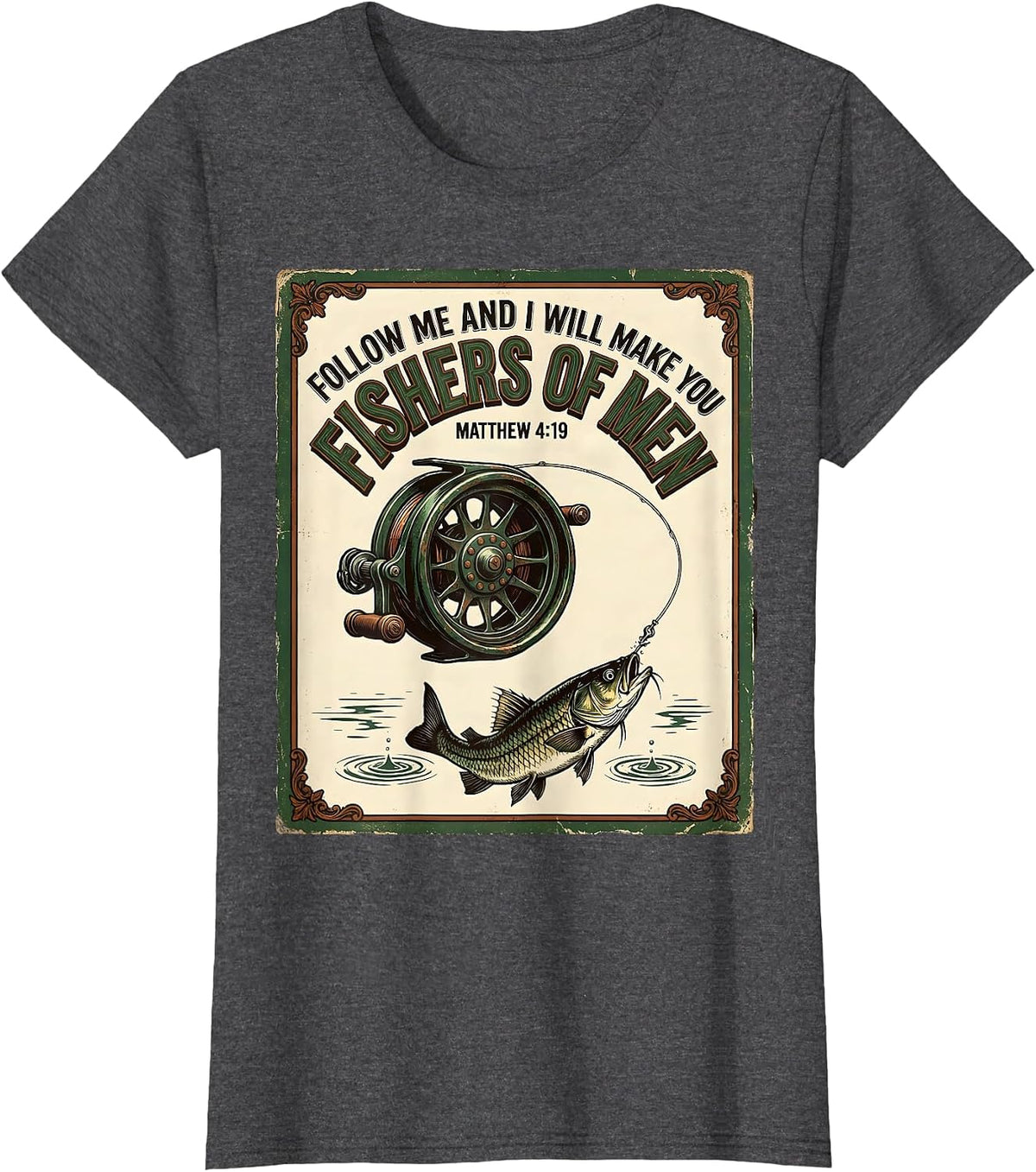 Women's Fishers Of Men Matthew 4:19 Vintage Christian Fishing T-Shirt - Dark Heather Grey