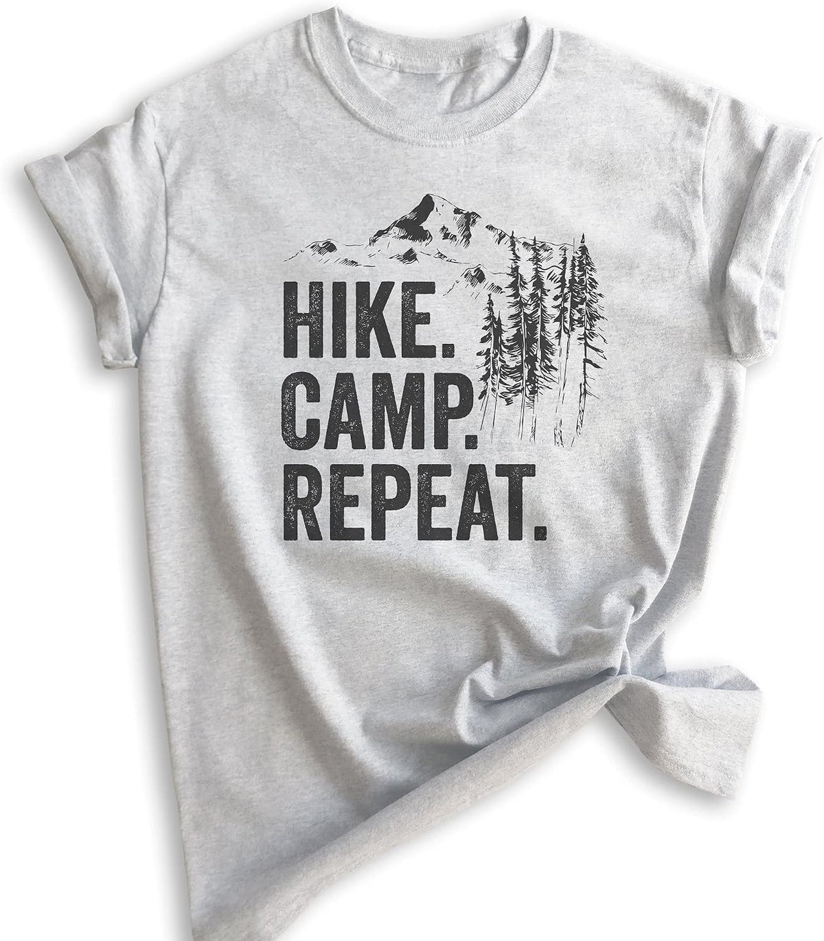 Hike Camp Repeat T-Shirt, Unisex Women's Men's Shirt, Hike Shirt, Hiking Shirt, Camping Shirt, Camper Shirt - Heather Ash