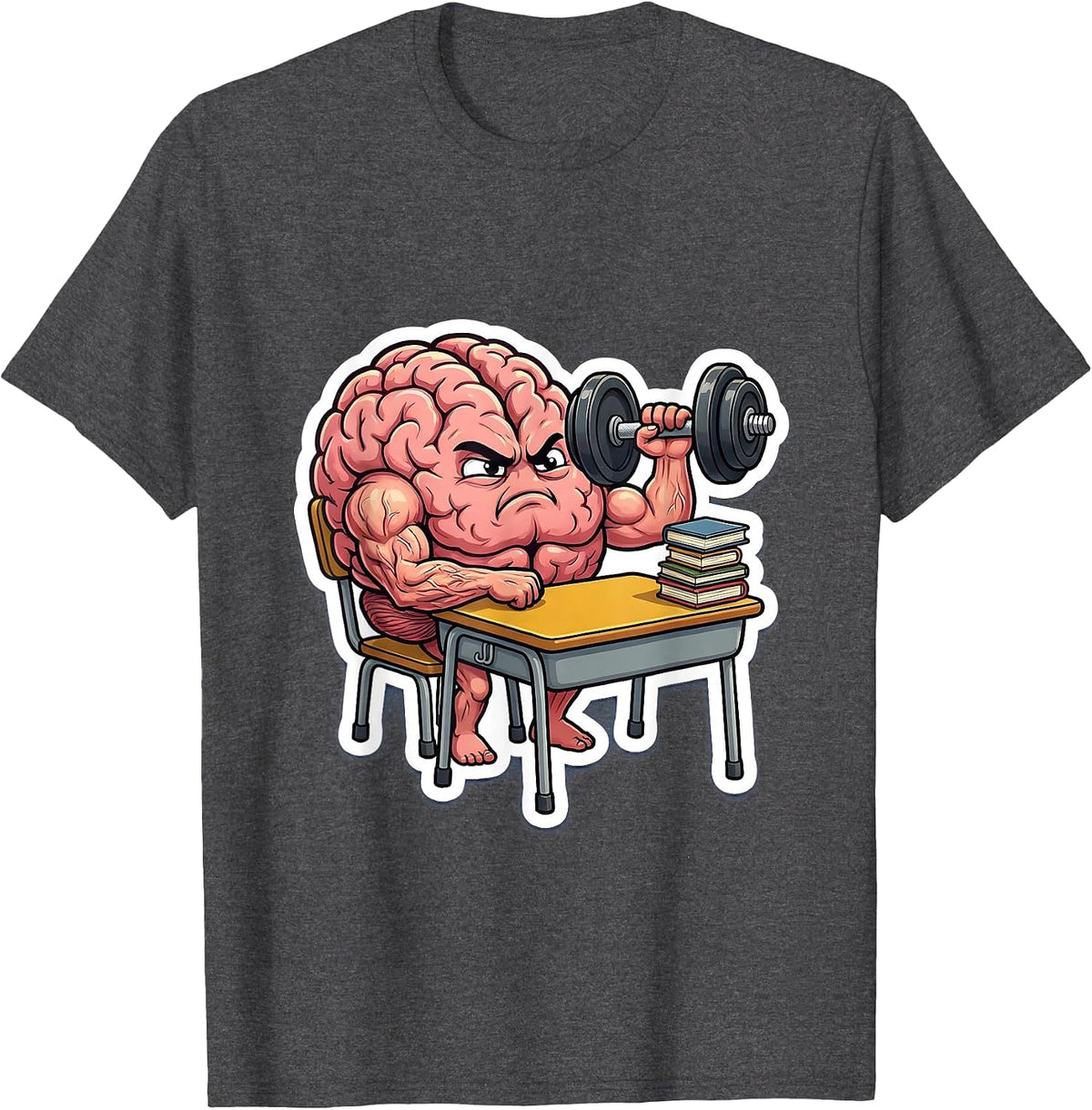 Funny Teacher Brain Lifting Weights Gym Humor T-Shirt - Dark Heather Grey