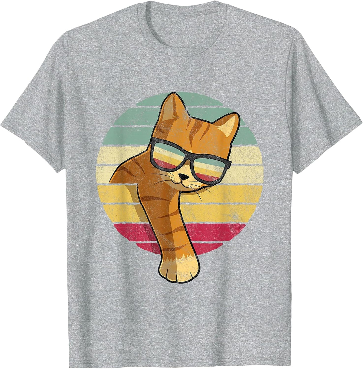 Retro Tabby Cat - Funny Orange Cat Sunglasses T-Shirt - Heather Grey