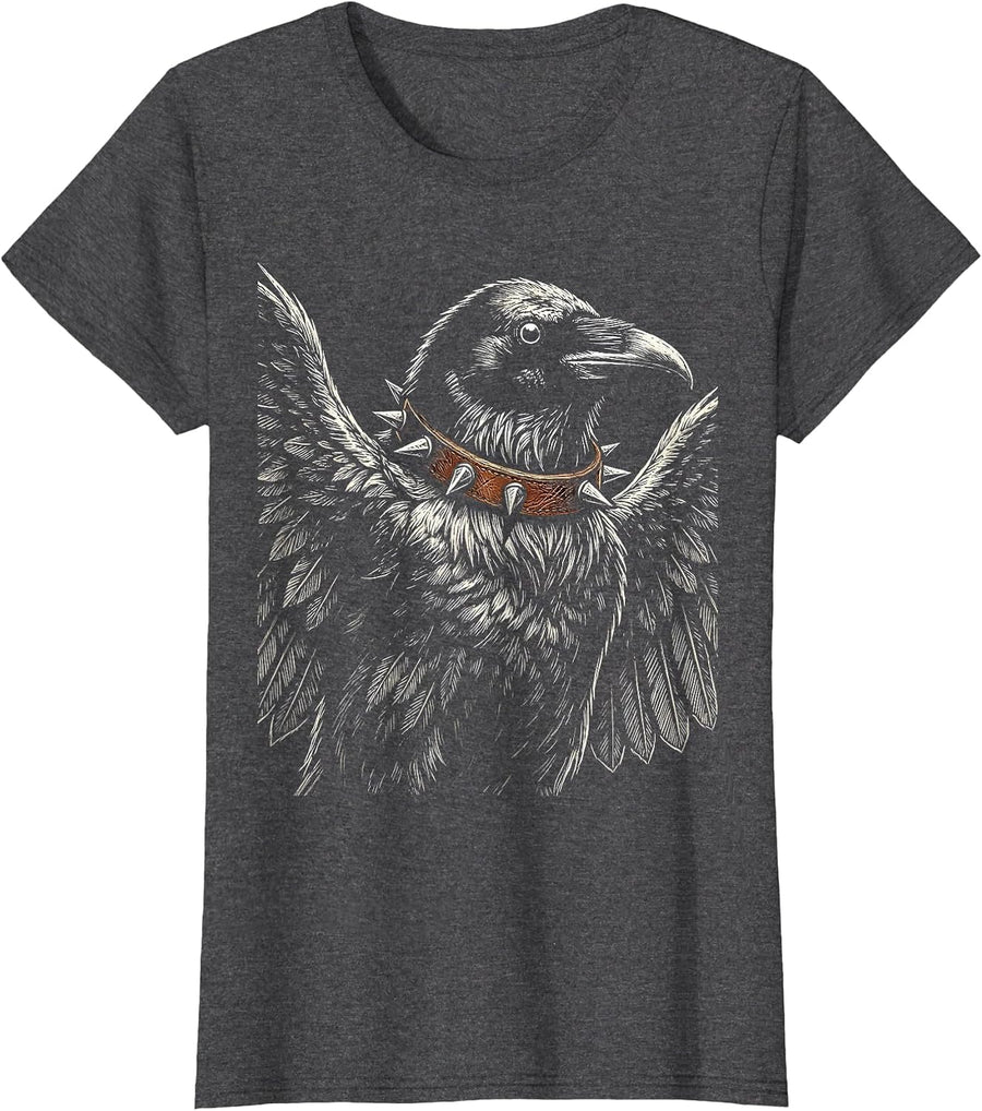 Women's Raven with Spiked Leather Collar Illustration T-Shirt - Dark Heather Grey