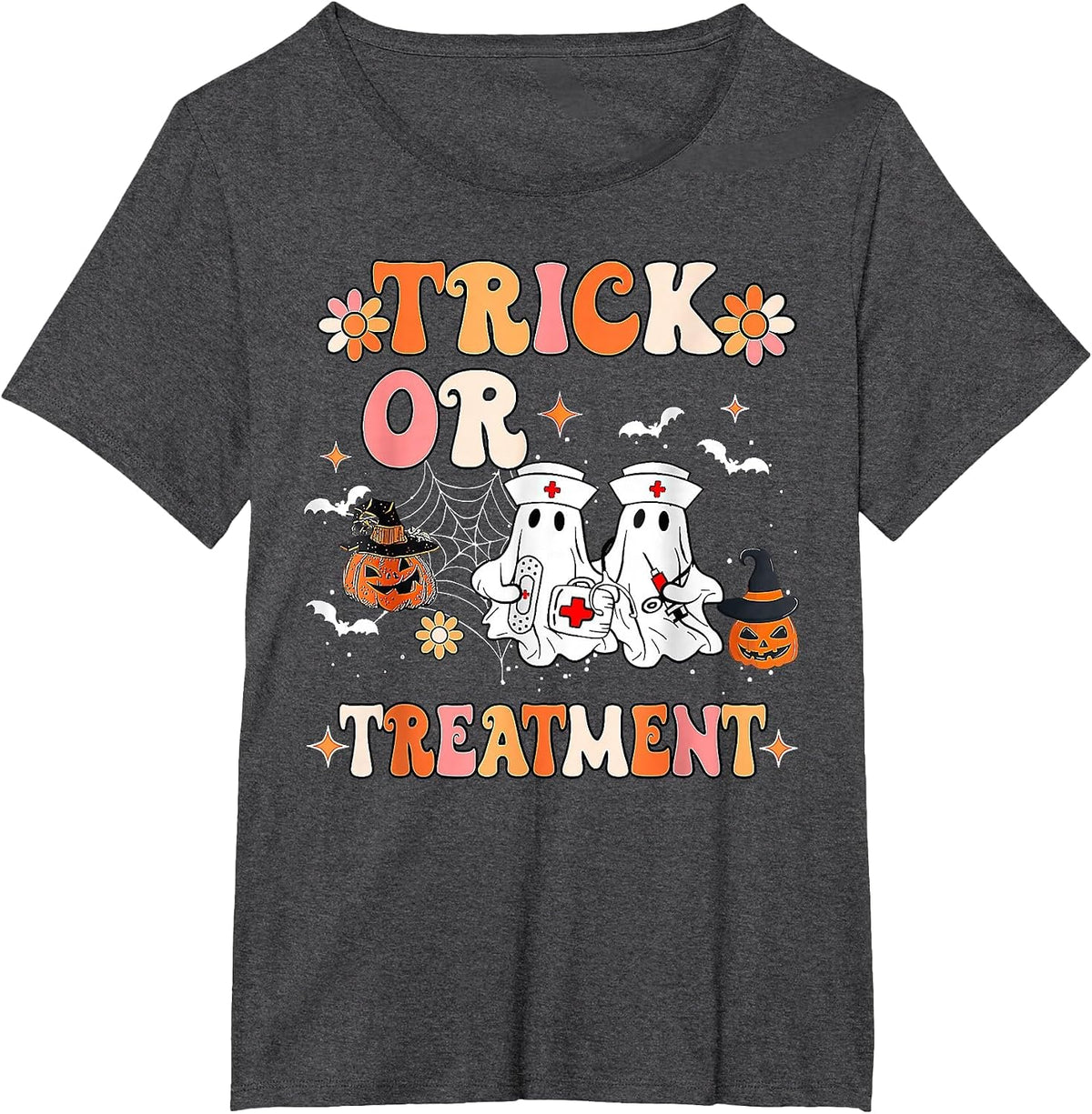 Trick Or Treatment Ghost Paramedic Halloween Nurse T-Shirt - Dark Heather Grey