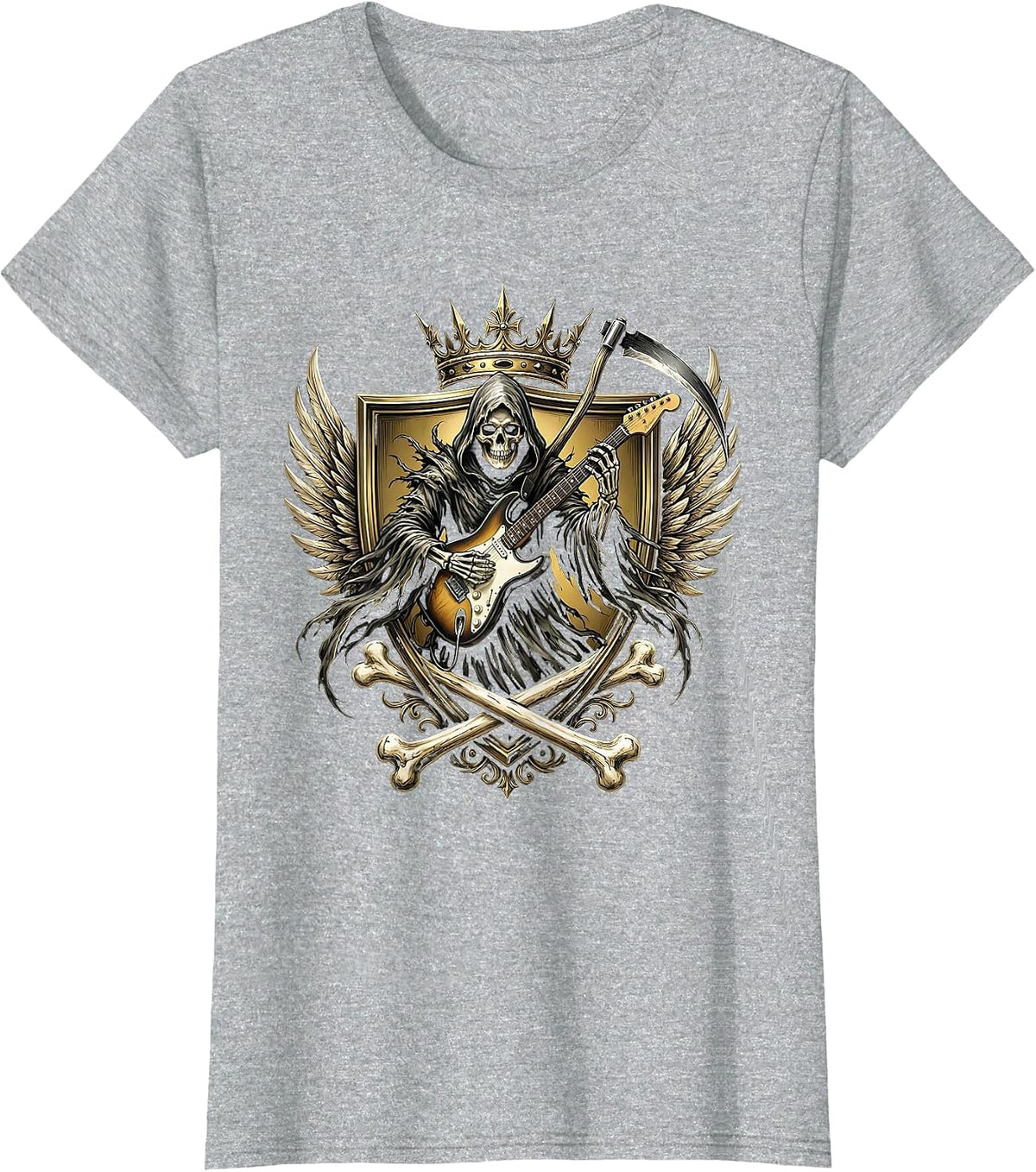 Women's Grim Reaper Electric Guitar Metal Illustration T-Shirt - Heather Grey
