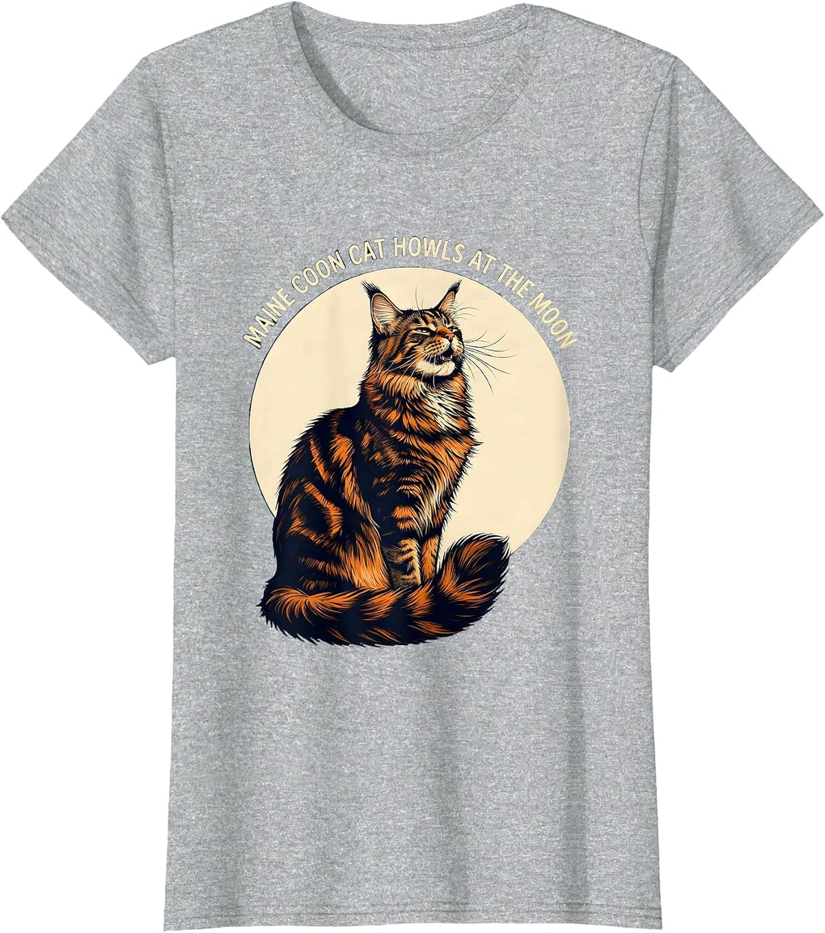 Women's Maine Coon Cat Howls at the Moon Funny Retro Novelty T-Shirt - Heather Grey