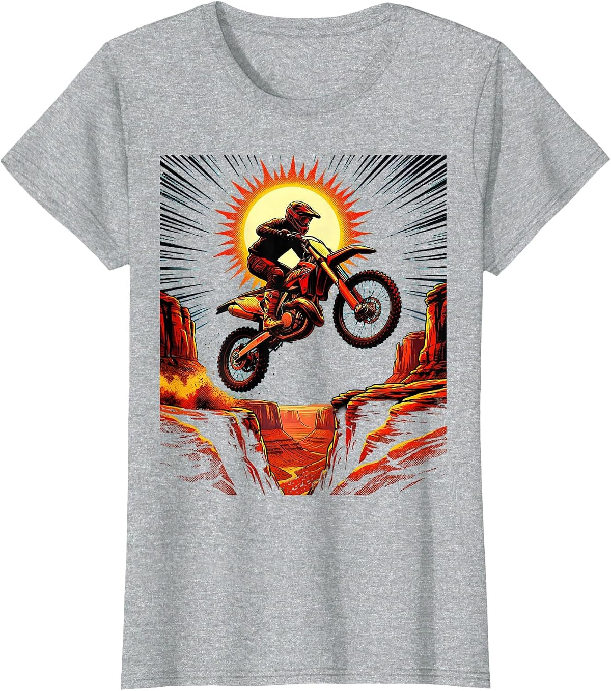 Dirt Bike Desert Canyon Gap Jump Illustration T-Shirt - Heather Grey