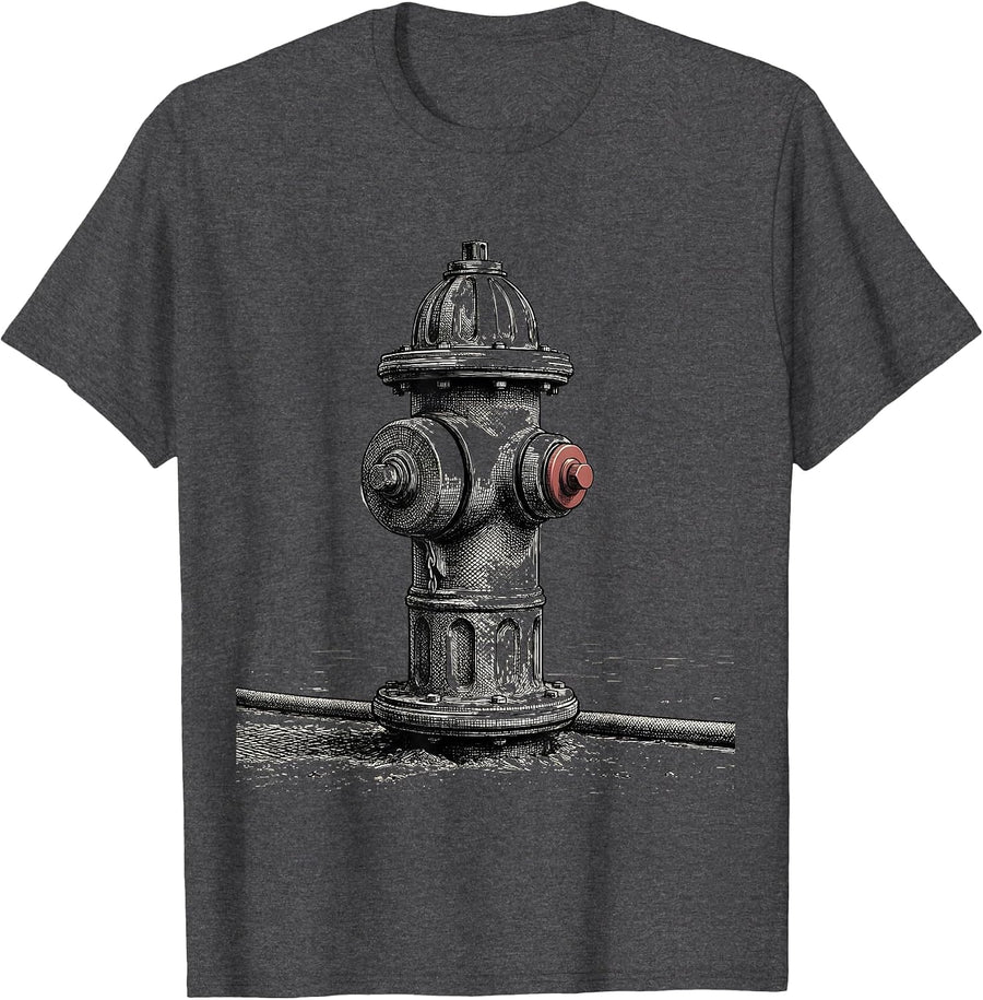 Men's Fire Hydrant Crosshatch Etching Firefighter Pride Art T-Shirt - Dark Heather Grey