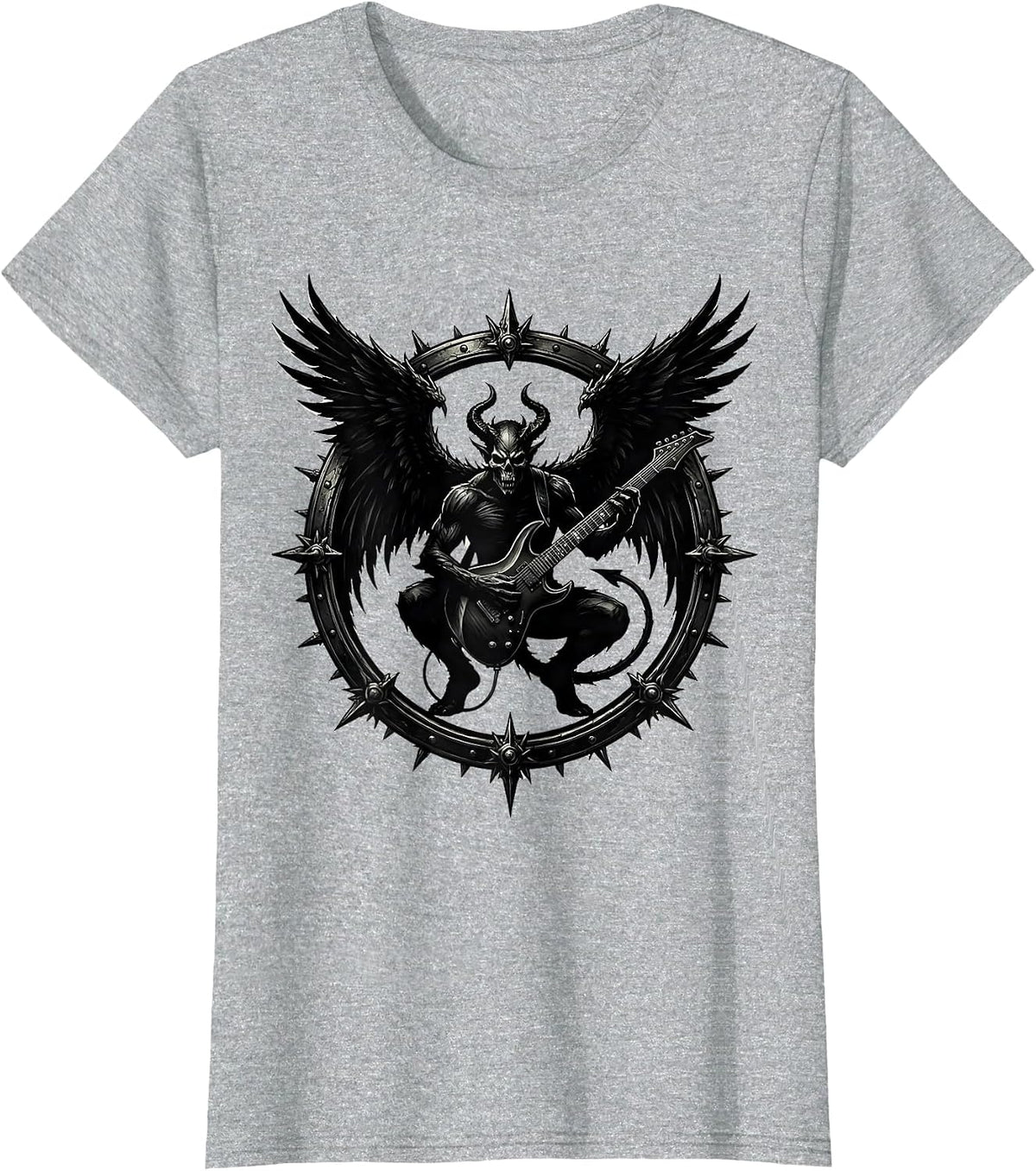 Women's Winged Demon Guitarist Heavy Metal Rock Illustration T-Shirt - Heather Grey