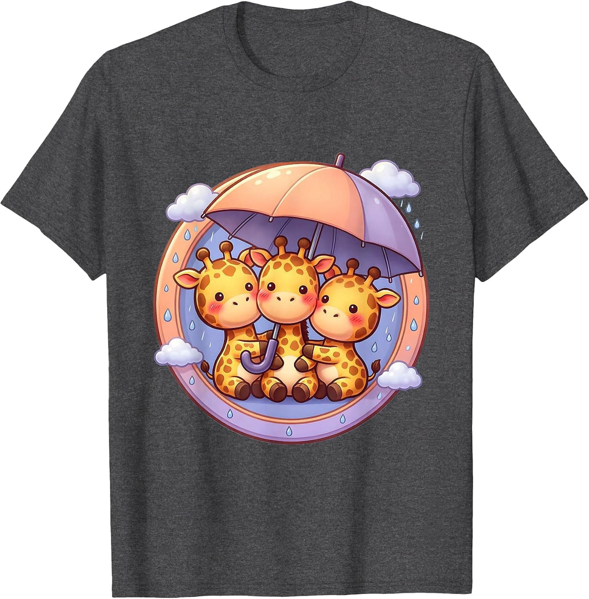 Three Giraffes Sharing an Umbrella Illustration T-Shirt - Dark Heather Grey