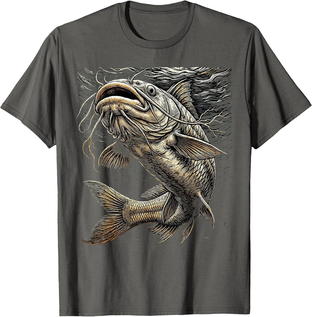 Men's Catfish Dark Depths Lurking Giant Fishing Graphic T-Shirt - Asphalt Grey