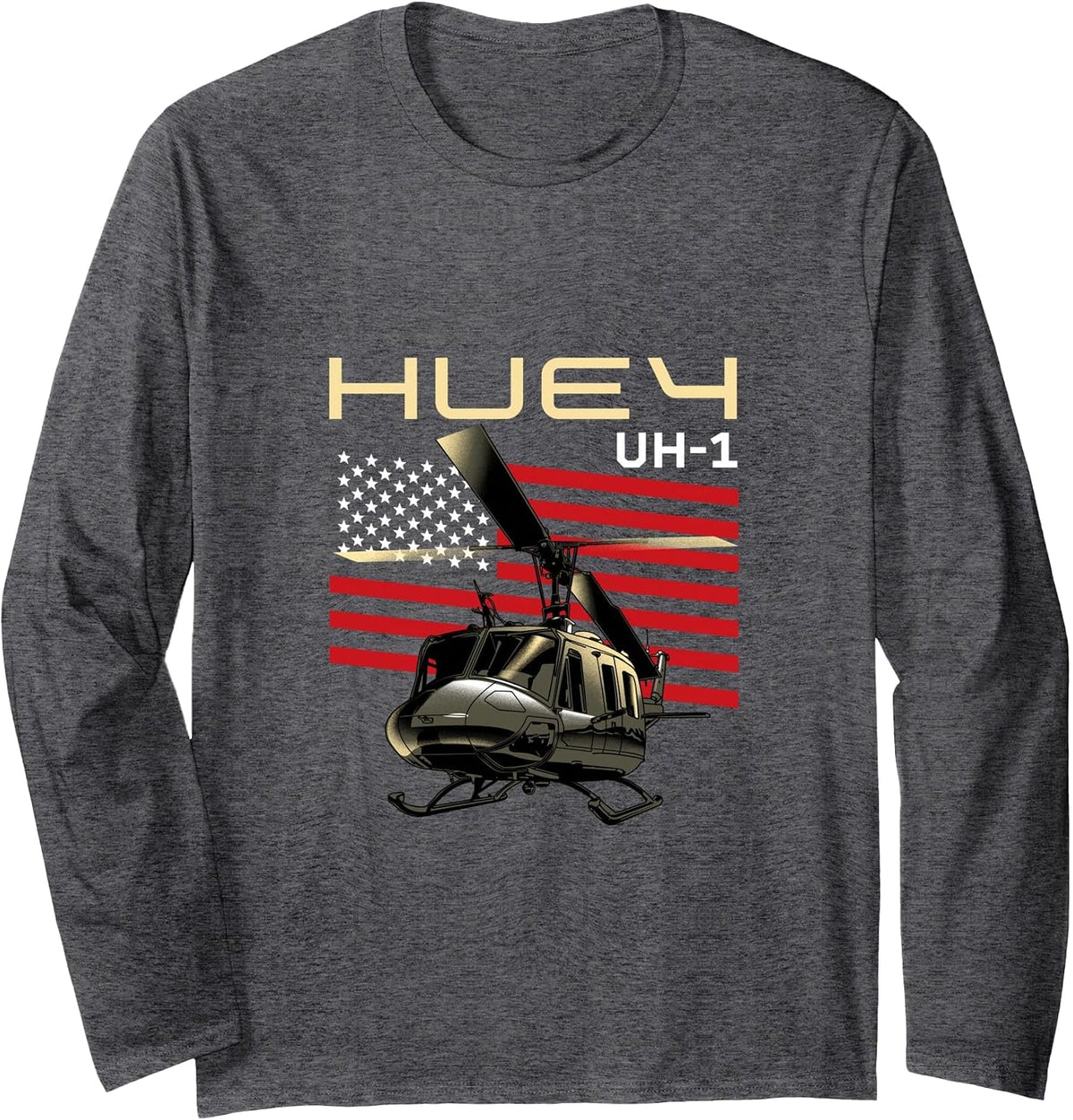 Huey Military Helicopter Airplane Long Sleeve T-Shirt - Adult Unisex Dark Heather Grey