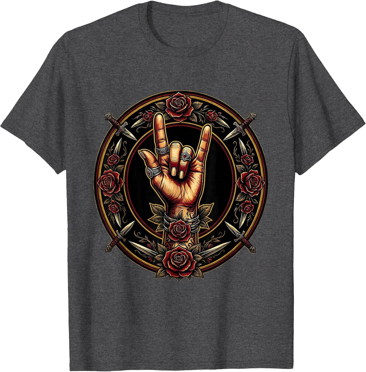 Rock On Devil Horns Hand Sign Illustration T-Shirt - Dark Heather Grey