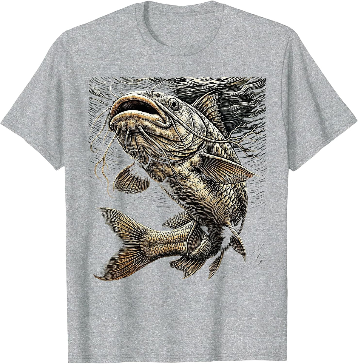 Men's Catfish Dark Depths Lurking Giant Fishing Graphic T-Shirt - Heather Grey