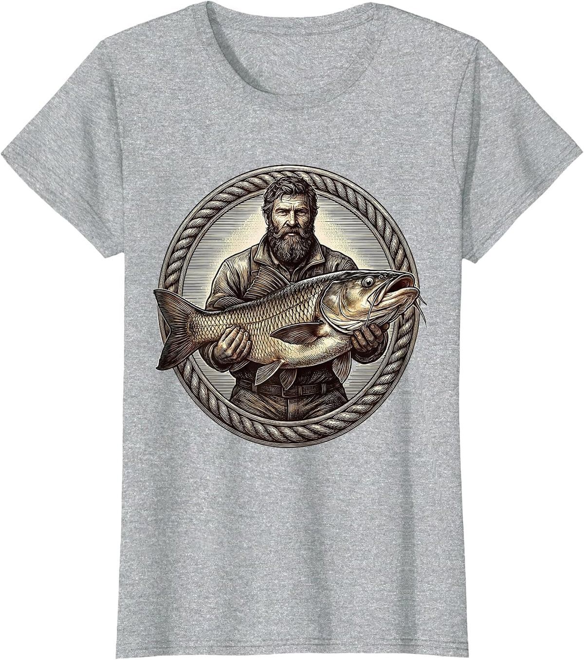Bearded Angler Holding Giant Catfish Fishing T-Shirt - Heather Grey