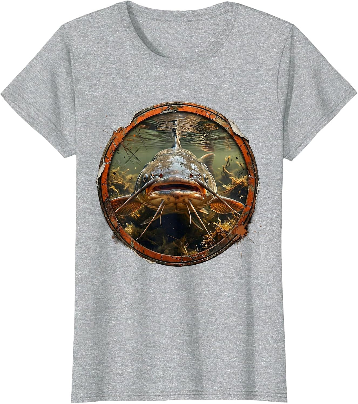 Giant Catfish Lurking Murky River Depths Fishing T-Shirt - Heather Grey