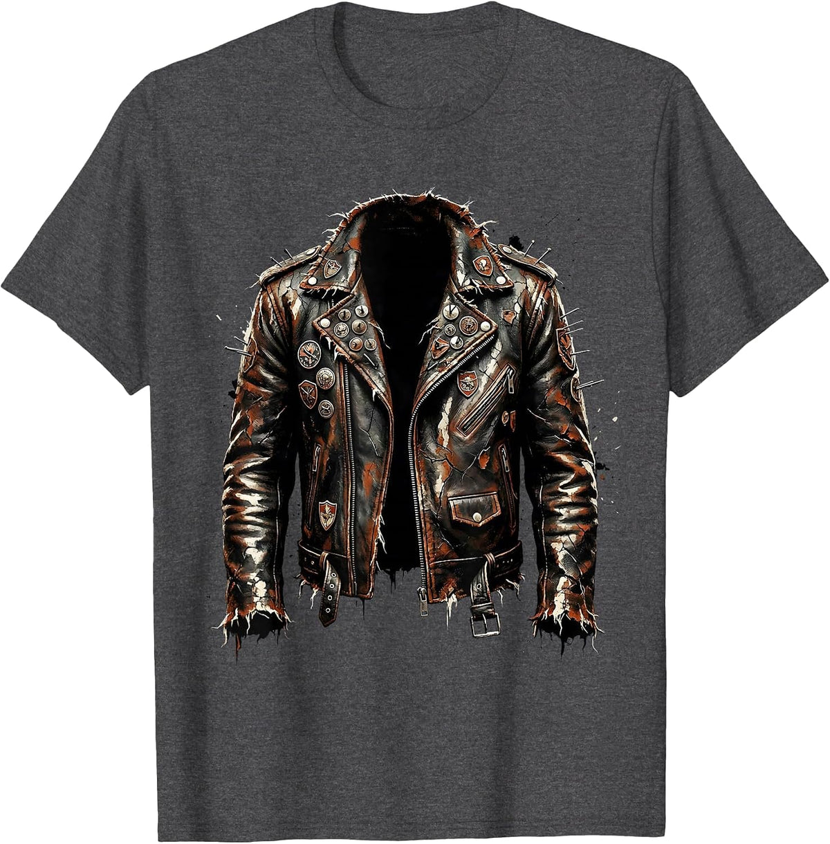 Grunge Torn Leather Jacket Pins and Badges Art T-Shirt - Dark Heather Grey