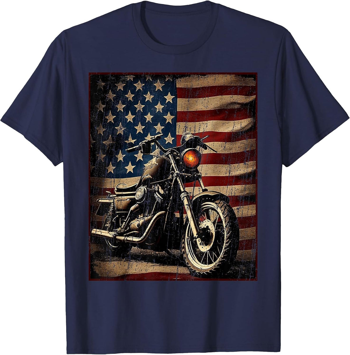 Motorcycle USA Flag Retro Biker T-Shirt - Navy Blue