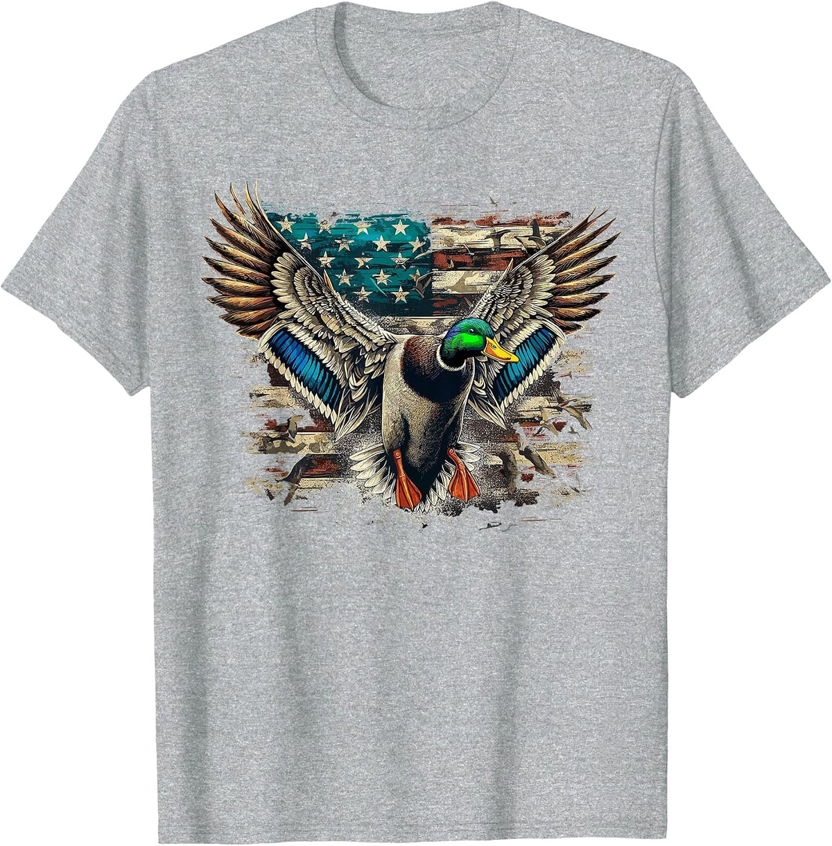 Duck American Flag Waterfowl Hunting T-Shirt - Heather Grey