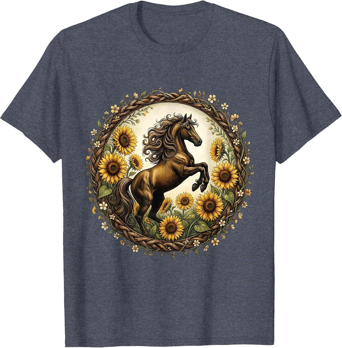 Floral Derby Rearing Stallion Sunflower Design T-Shirt - Heather Blue
