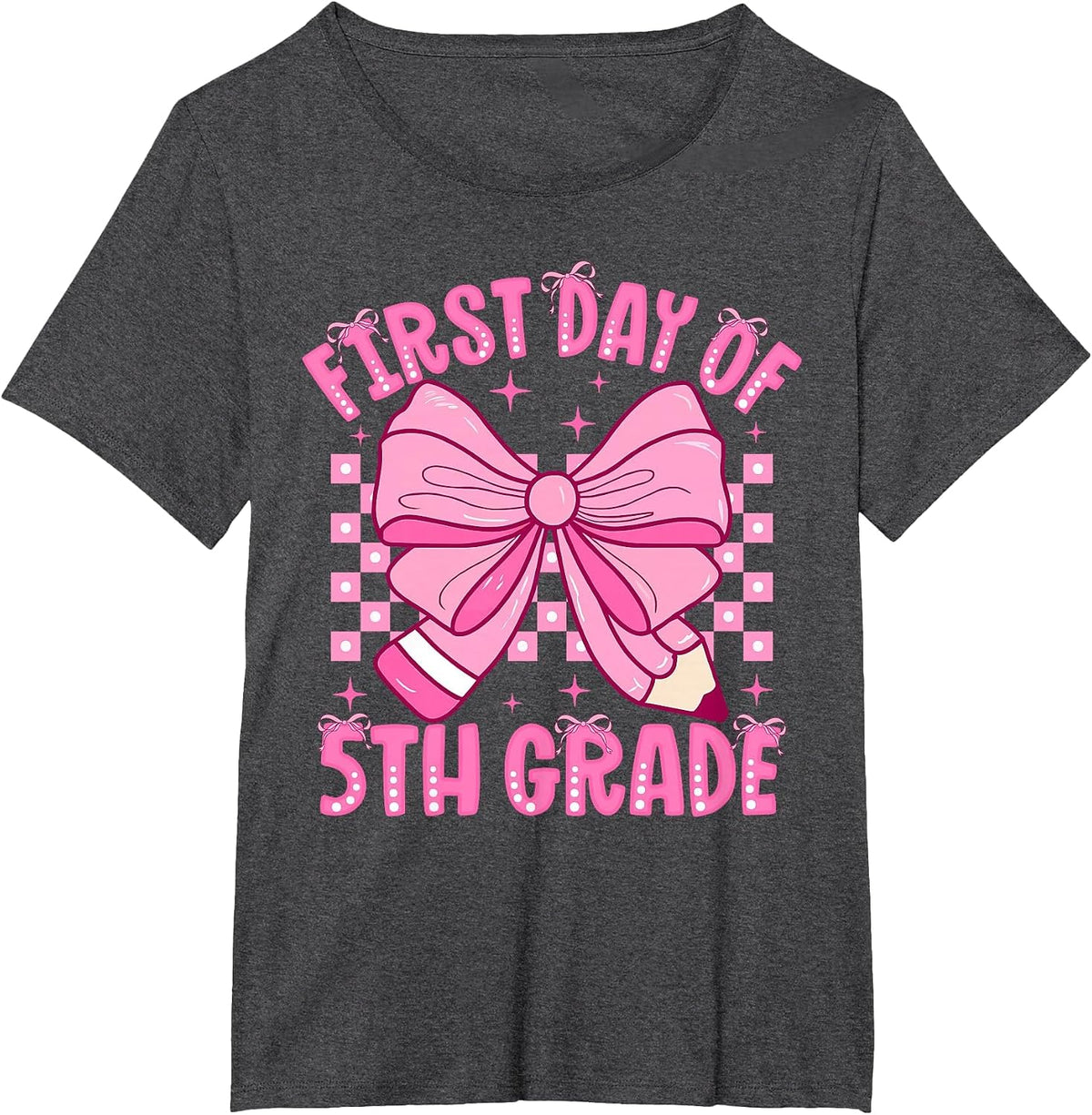 First Day of 5th Grade Coquette Bow Back to School Girls T-Shirt - Dark Heather Grey