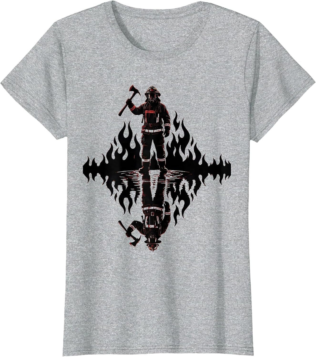 Firefighter Reflection Puddle Flames Graphic T-Shirt - Heather Grey