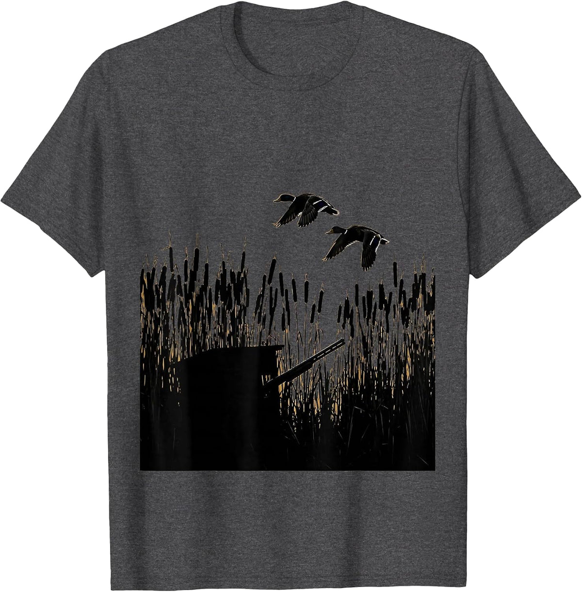 Duck Blind Cattail Reeds Waterfowl Hunting Graphic T-Shirt - Dark Heather Grey