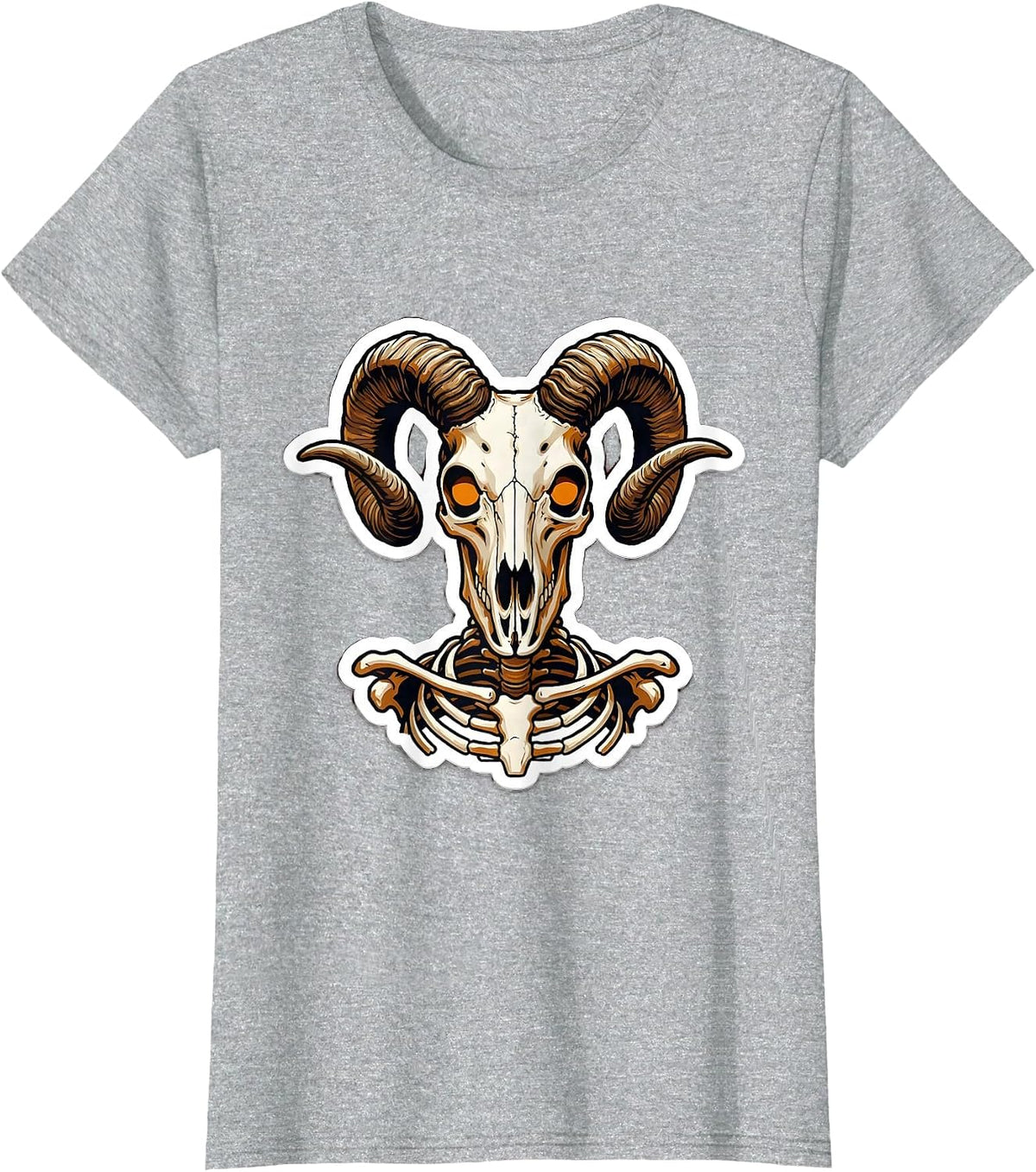Women's Skeletal Goat Glowing Eyes Dark Art Design T-Shirt - Heather Grey