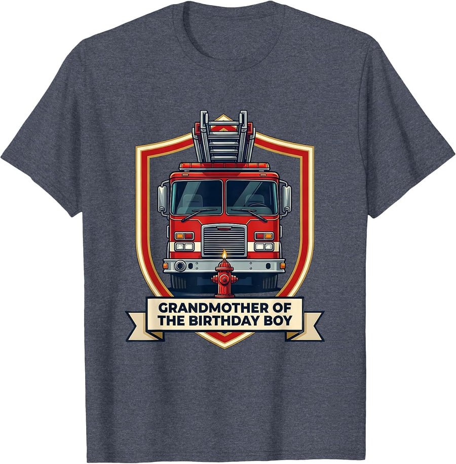 Grandmother of the Birthday Boy Fire Truck Firefighter T-Shirt - Heather Blue