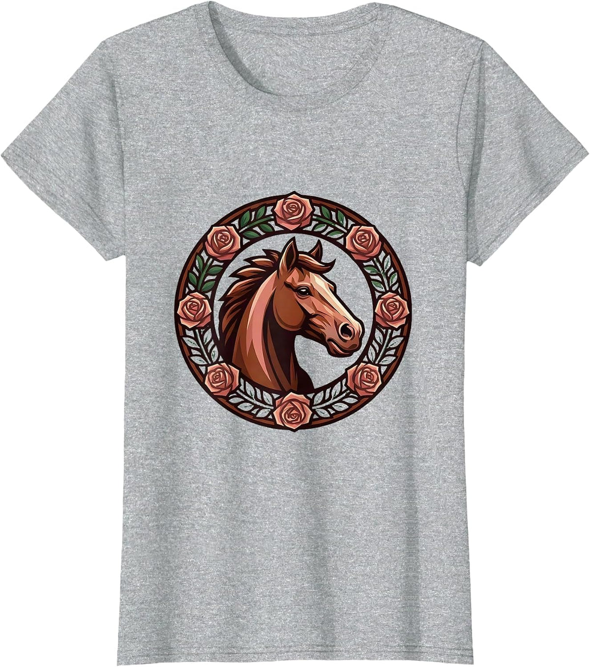 Women's Horse Head Floral Wreath Illustration Design T-Shirt - Heather Grey