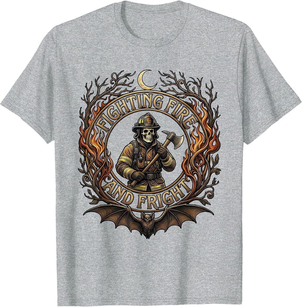 Men's Halloween Firefighter Fighting Fire and Fright Design T-Shirt - Heather Grey
