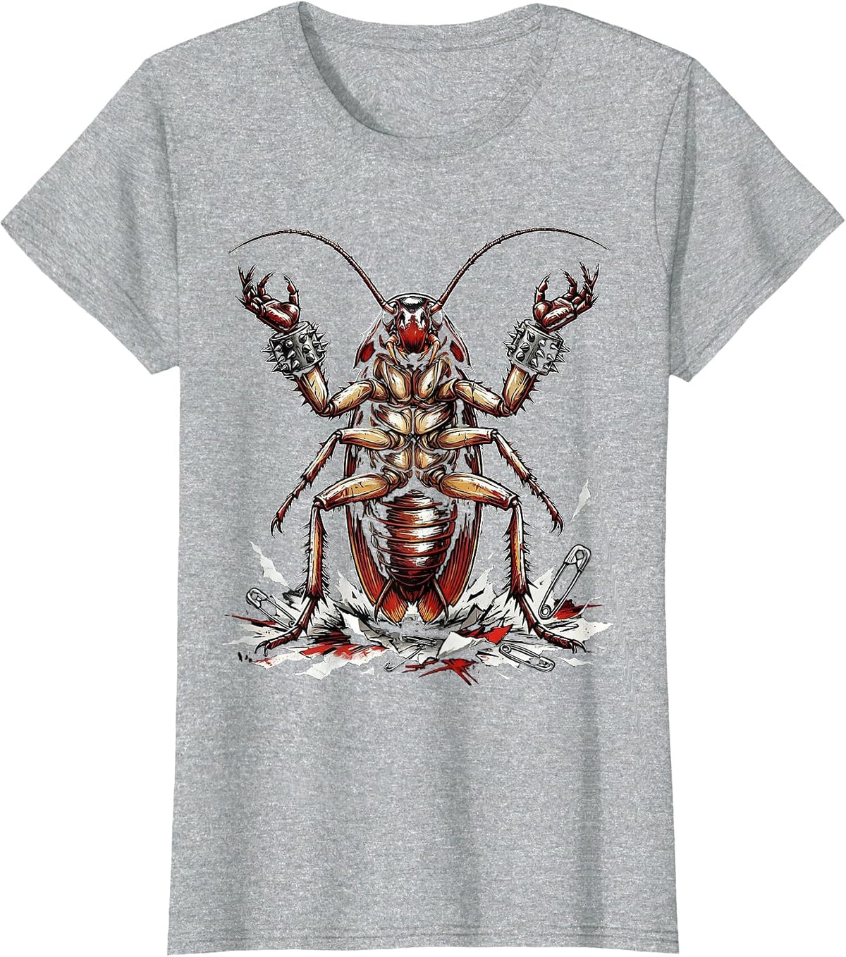 Punk Cockroach Studded Wristbands Graphic T-Shirt - Heather Grey