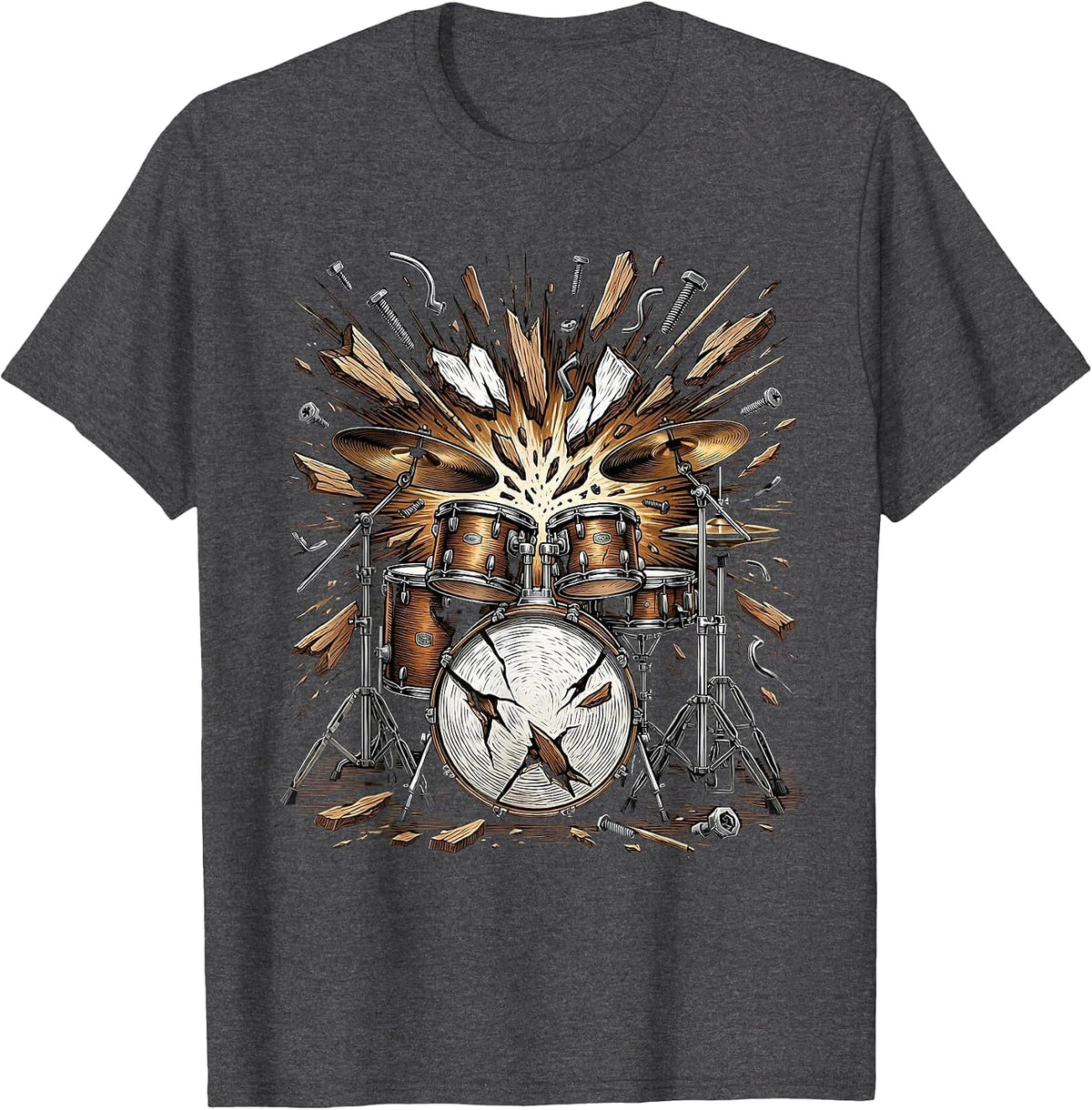 Men's Exploding Drum Kit Shattering Percussion Art T-Shirt - Dark Heather Grey