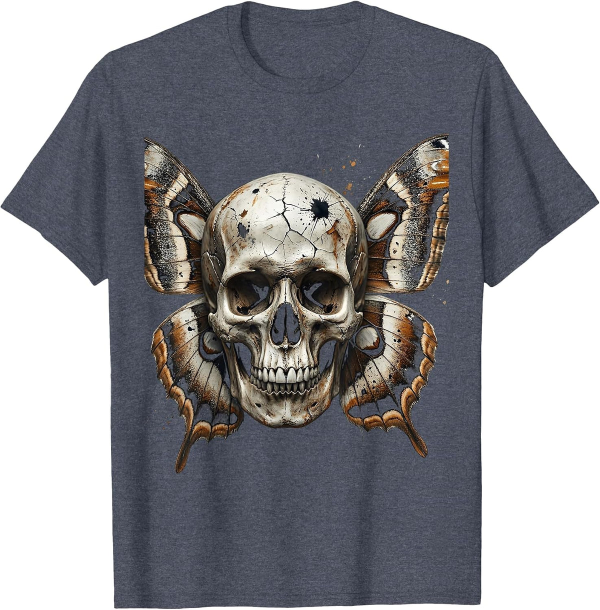Grunge Skull Moth Wings Dark Gothic Design T-Shirt - Heather Blue