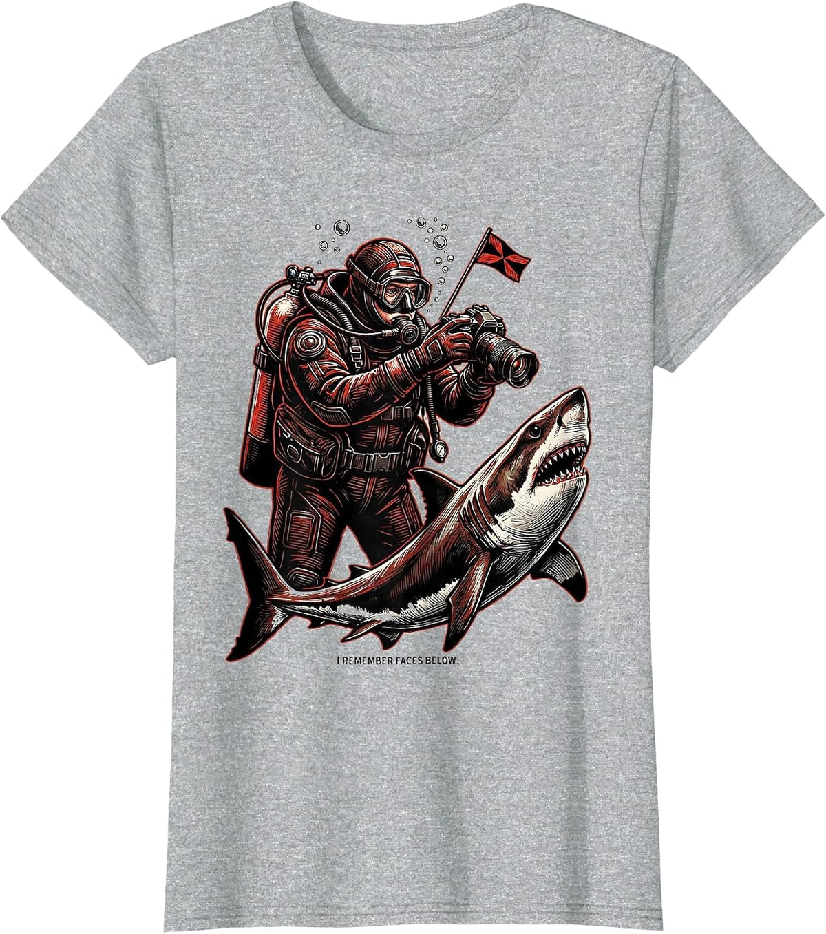 Women's I Remember Faces Below Linocut Scuba Diver Gift Christmas T-Shirt - Heather Grey