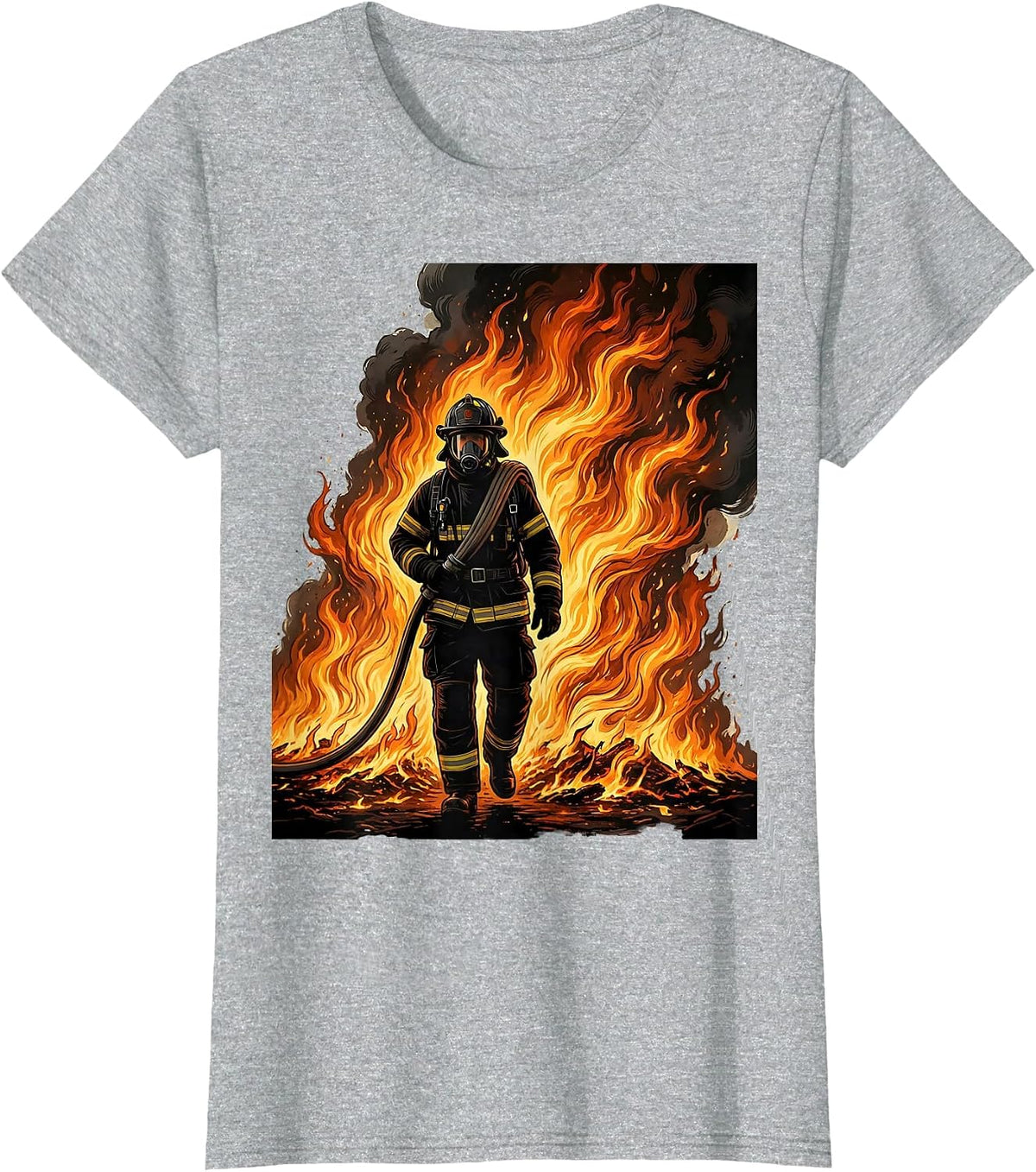 Women's Firefighter Silhouette Through Flames Graphic T-Shirt - Heather Grey