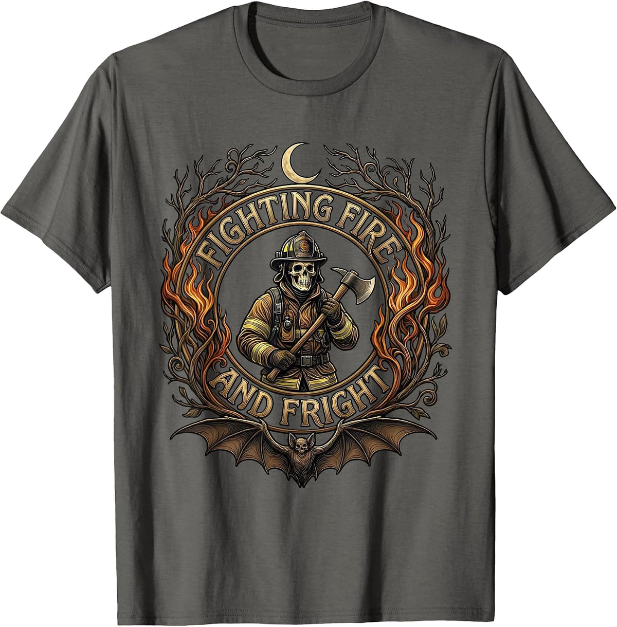 Men's Halloween Firefighter Fighting Fire and Fright Design T-Shirt - Asphalt Grey