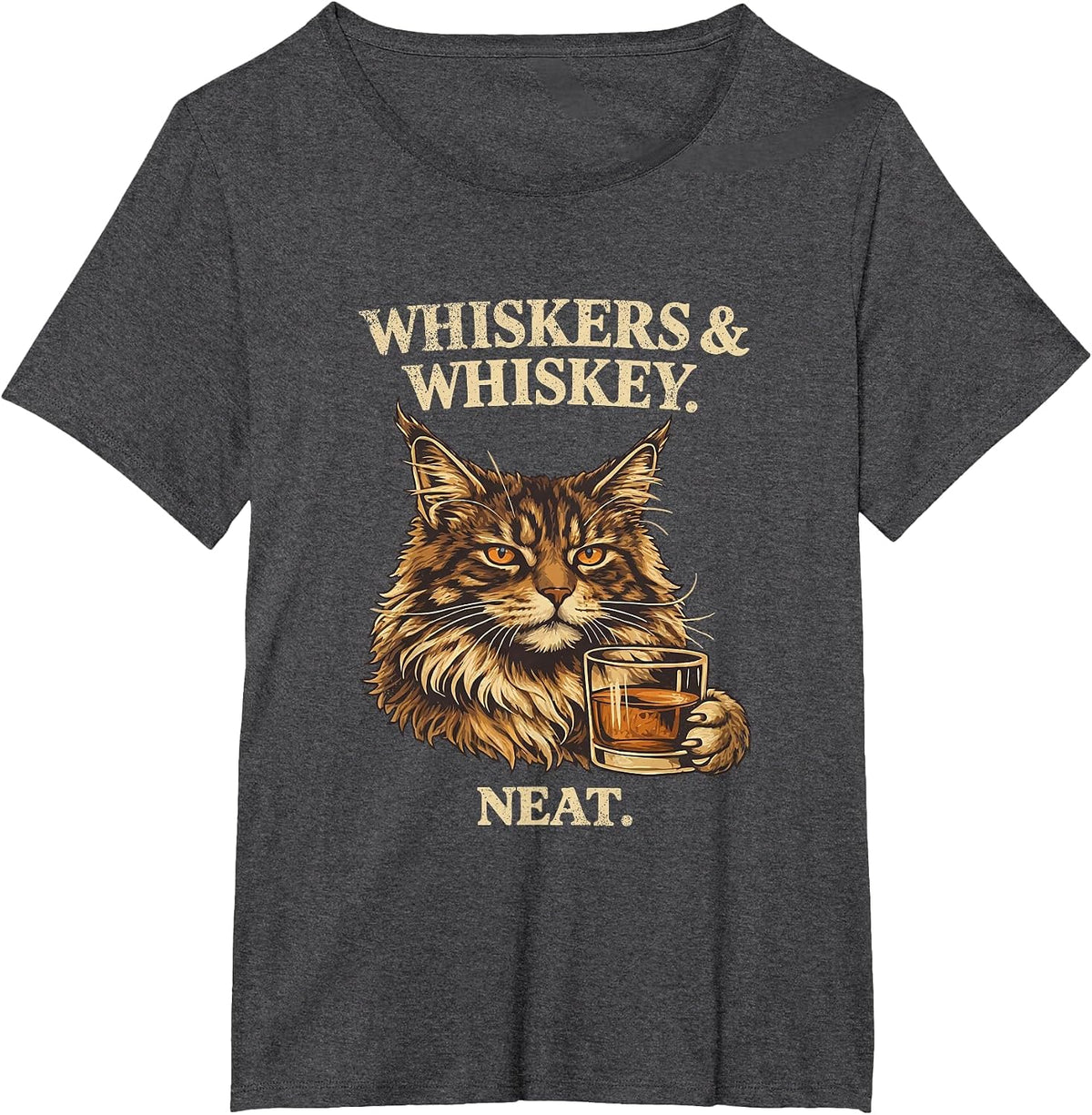 Funny Whiskers and Whiskey Neat Cat Lover Bourbon Drinker T-Shirt - Dark Heather Grey