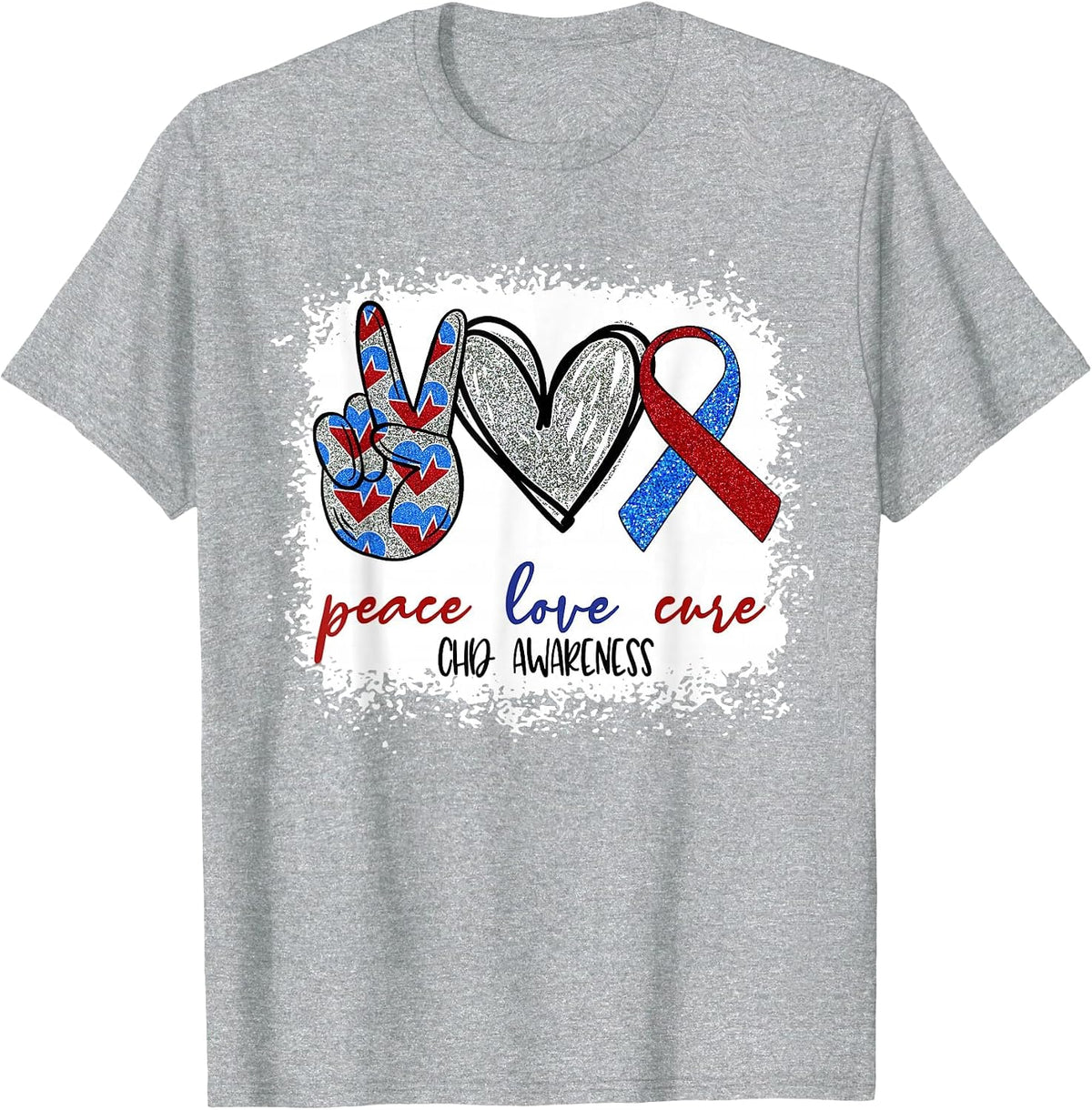 Red & Blue Peace Love Cure CHD Awareness Month Heart Warrior T-Shirt - Heather Grey
