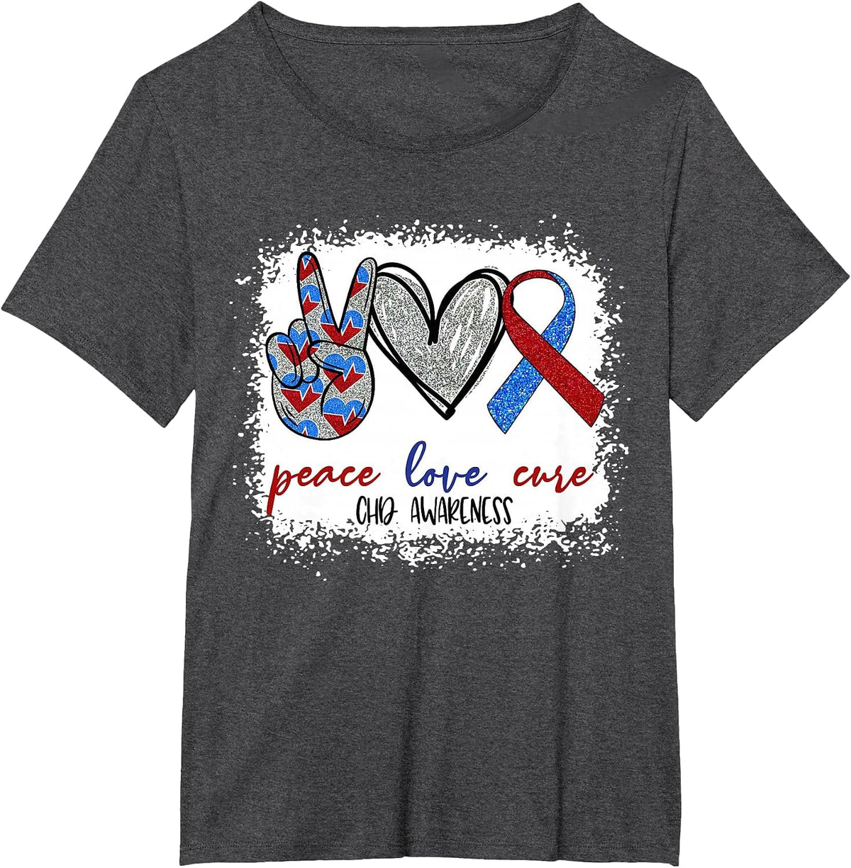 Red & Blue Peace Love Cure CHD Awareness Month Heart Warrior T-Shirt - Dark Heather Grey