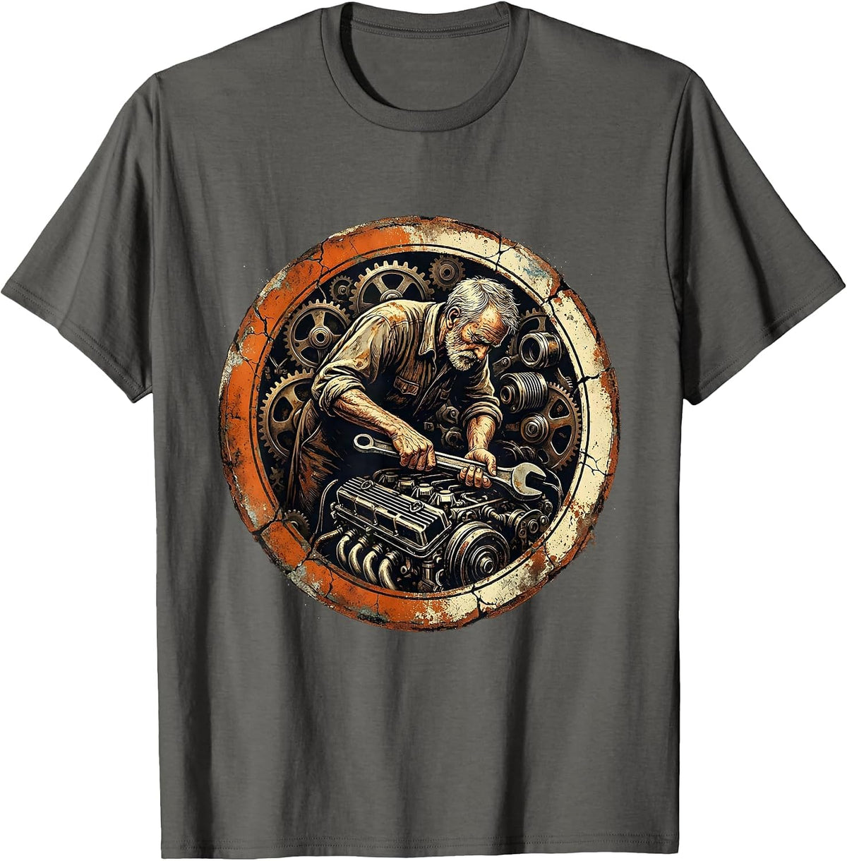 Grandpa Vintage Car Engine Mechanic Graphic T-Shirt - Asphalt Grey